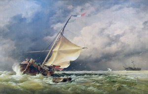 Een Nederlandse Beurtman gestrand op de Terschellingse Zanden of in de Noordzee na een Sneeuwstorm, 1865